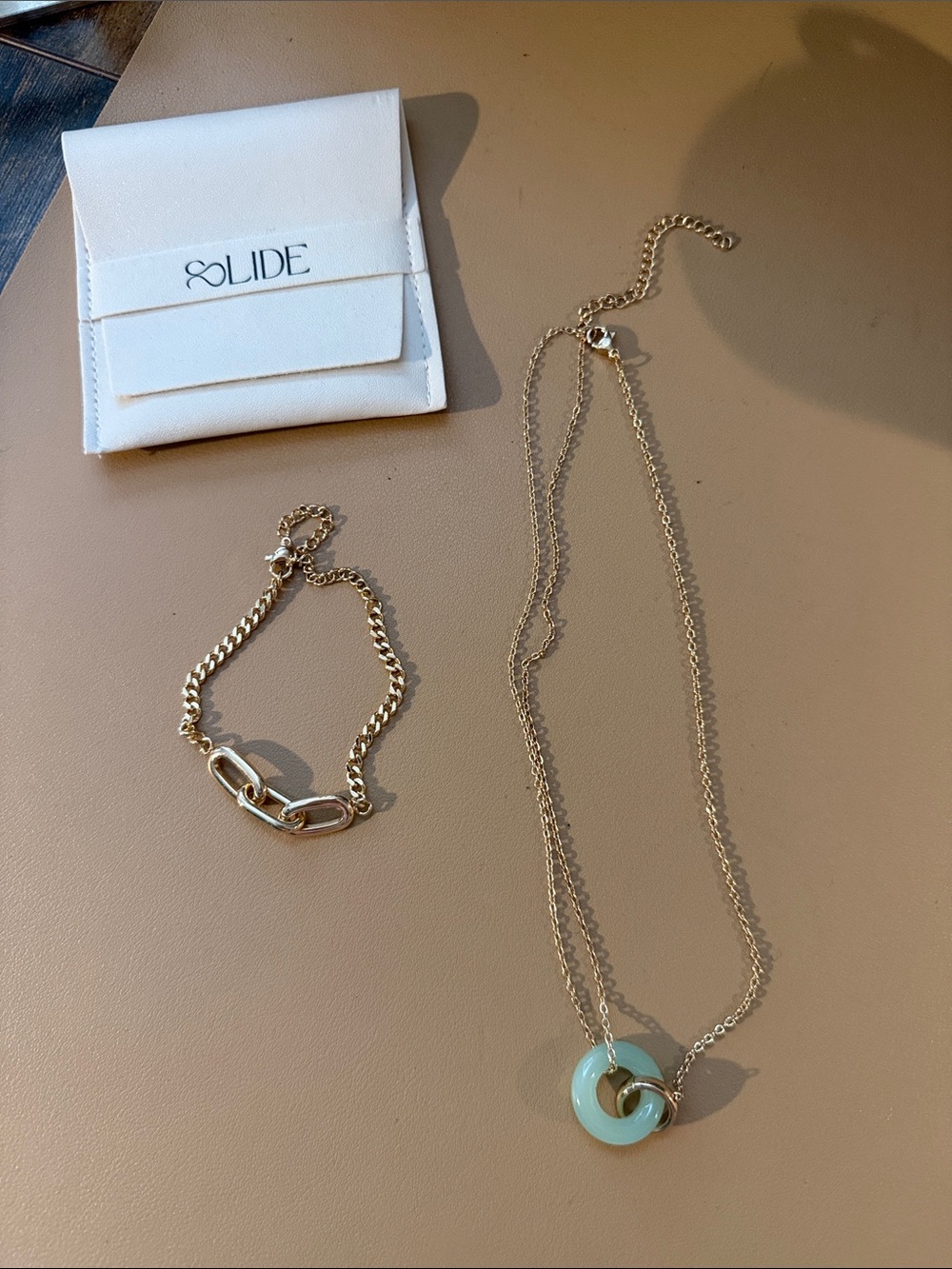 Slide Jewels Necklace in Gold with Mint Green Circular Pendant